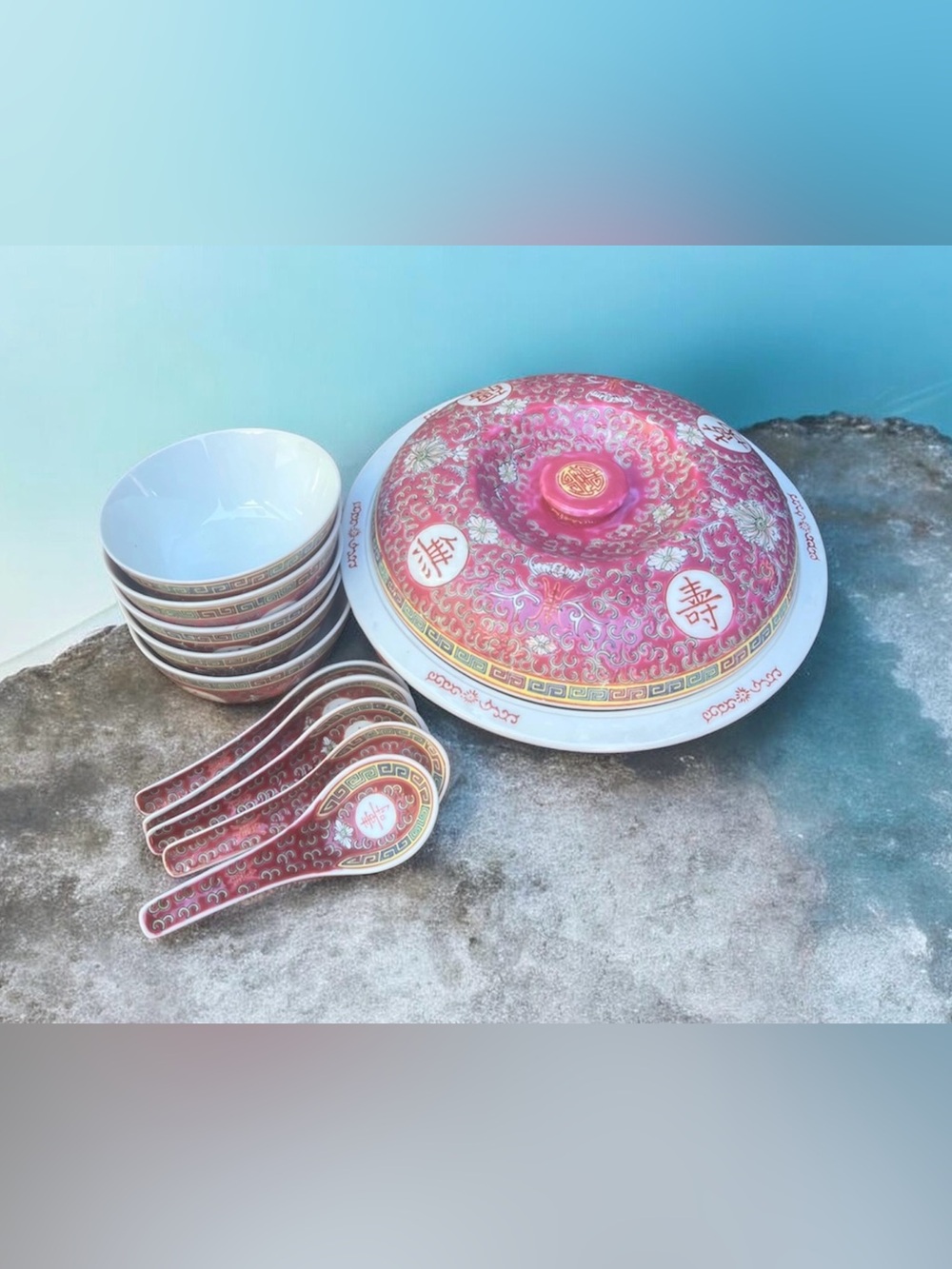 Chinese Porcelain Serving Bowl With 5 Bowls & Soup Spoons Pink Longevity Pattern